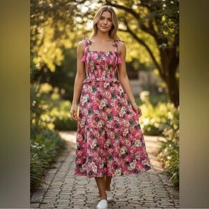 Lost + Wander Meet Me in Bali Smocked Floral Pink Tiered Maxi Dress. Sz.S